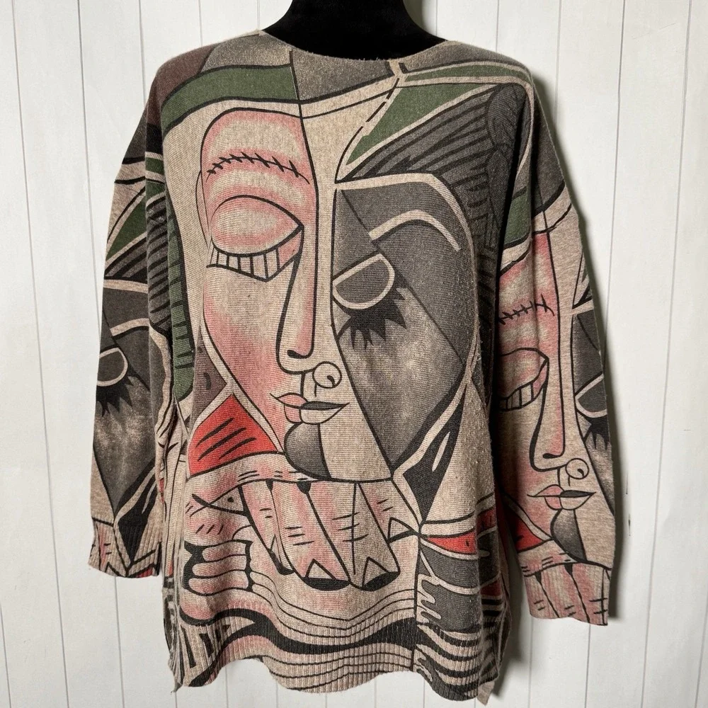 Shana Abstract Face Sweater Cozy Tunic‎ Art To Wear Chic Poet Picasso Inspired M